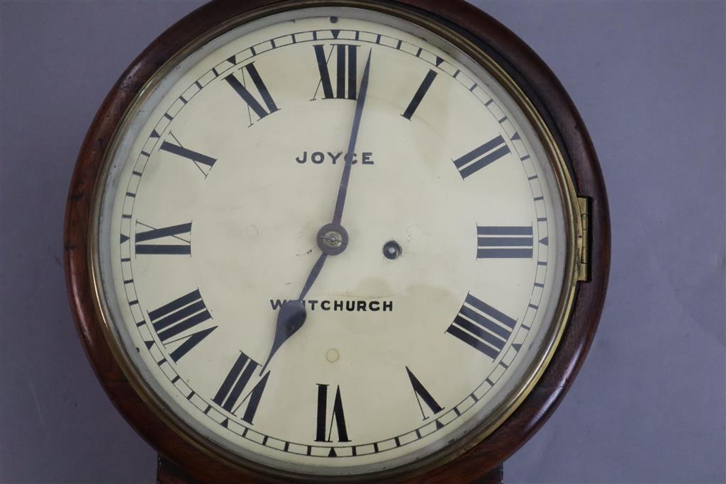 A 19th century mahogany drop dial railway wall clock, c.1840, height 20in.